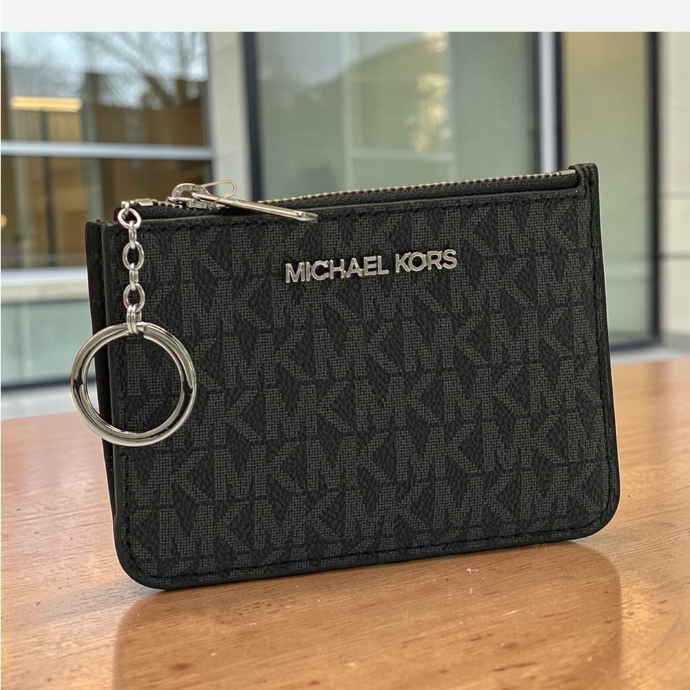 Michael Kors Black Monogram Coinpouch / Zip Card Case with Key Ring